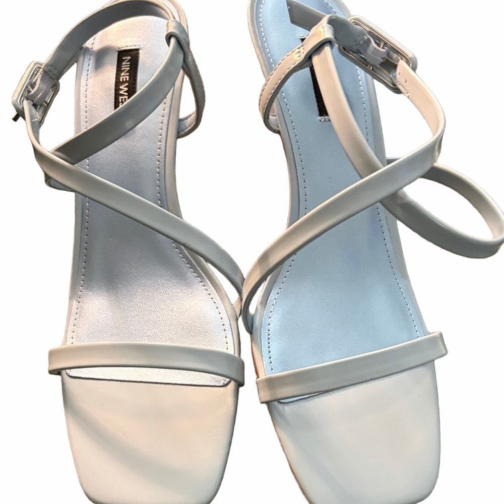 Nine West blue high gloss Patton strappy sandal. 
new condition size 12M 3” heel